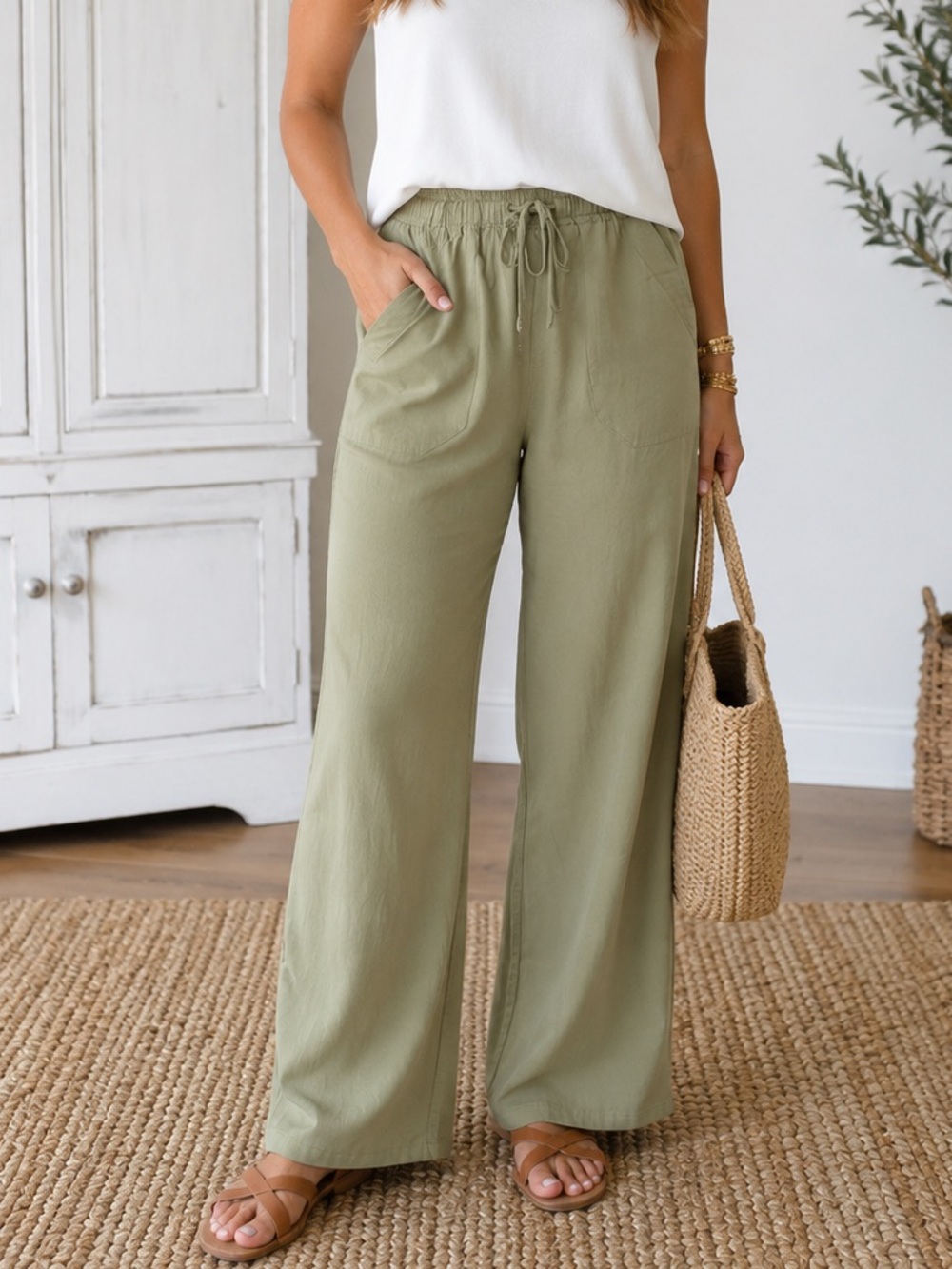 🟠NWT BLU PEPPER Wide Leg Drawstring Pants w/Pockets in Olive LARGE